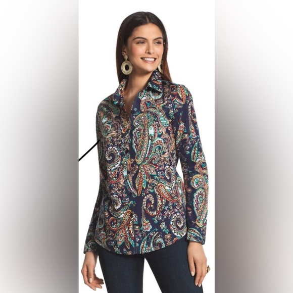 CHICO’S Sz 3.5 No Iron Effortless Beatrice Navy Colourful Paisley Buttoned Shirt - Picture 2 of 12